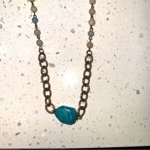 Beautiful turquoise color stone necklace w beads and brass  adj 19” chain/choker